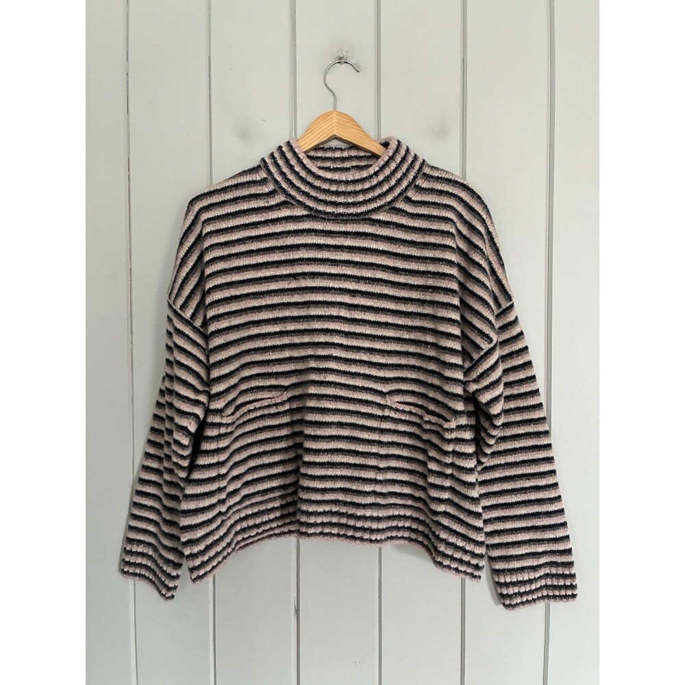 Madewell Sweater XL Merrydale Pocket Pullover Sweater Stripe Pink Gray NC724
